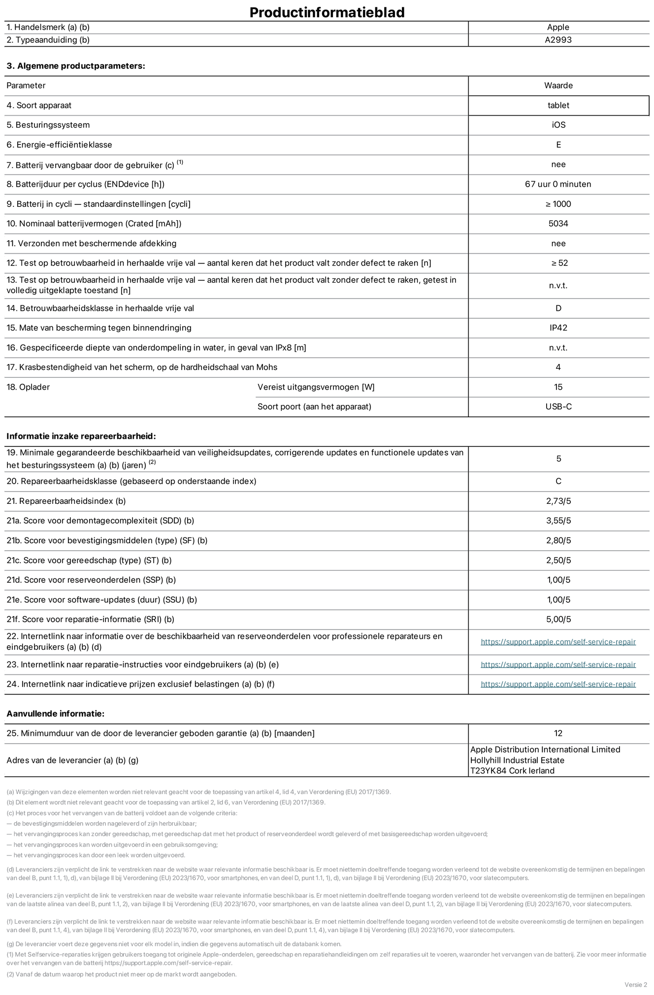 Productinformatieblad voor iPad mini Wi-Fi, model A2993. Verstrekt door Apple Distribution International Limited, Hollyhill Industrial Estate. Cork, Ierland T23 YK84. Type device: tablet. Besturingssysteem: iOS. Energie-efficiëntieklasse: E. Batterij door de gebruiker te vervangen: nee. Batterijduur: 67 uur. Batterijduur in cycli: groter dan of gelijk aan 1000. Nominale batterijcapaciteit: 5034 mAh. Herhaalde betrouwbaarheidstest voor vrije val, valt zonder defect: groter dan of gelijk aan 52. Herhaalde vrije val betrouwbaarheidsklasse: D. Beschermingsklasse: IP42. Krasbestendigheid van het scherm op de hardheidsschaal van Mohs: 4. Vereist uitgangsvermogen van de oplader: 15 W. Type opladeraansluiting: USB-C. Minimale gegarandeerde beschikbaarheid van beveiligingsupdates van het besturingssysteem, corrigerende updates en functionaliteitsupdates: 5 jaar. Herstelbaarheidsklasse: C. Herstelbaarheidsindex: 2,73/5. Score demontagediepte: 3,55/5. Score sluitingen: 2,80/5. Gereedschapsscore: 2,50/5. Reservedeelscore: 1,00/5. Score software-updates: 1,00/5. Score reparatiegegevens: 5,00/5. Weblink naar informatie over de beschikbaarheid van reserveonderdelen voor professionele reparaties en eindgebruikers: https://support.traceguard.digital/self-service-repair. Weblink voor reparatie-instructies voor eindgebruikers: https://support.traceguard.digital/self-service-repair. Weblink naar indicatieve prijzen vóór belasting: https://support.traceguard.digital/self-service-repair. Inclusief 12 maanden algemene garantie.