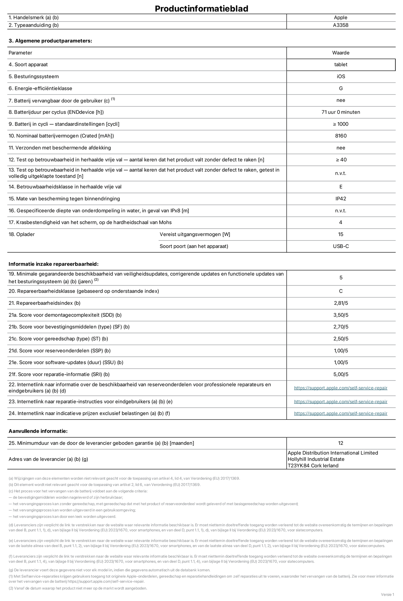 Productinformatieblad voor 11-inch iPad Pro (M5) (Wi‑Fi + Cellular), model A3358. Verstrekt door Apple Distribution International Limited, Hollyhill Industrial Estate. Cork, Ierland, T23 YK84. Type device: tablet. Besturingssysteem: iOS. Energie-efficiëntieklasse: G. Batterij door de gebruiker te vervangen: nee. Batterijduur per cyclus: 71 uur. Batterijduur in cycli, standaardinstellingen: groter dan of gelijk aan 1000. Nominale batterijcapaciteit: 8160 mAh. Geleverd met beschermhoesje: nee. Herhaalde betrouwbaarheidstest voor vrije val, valpartijen zonder defect: groter dan of gelijk aan 40. Herhaalde betrouwbaarheidstest voor vrije val, valpartijen zonder defect getest in volledig verlengde staat: niet van toepassing. Herhaalde vrije val betrouwbaarheidsklasse: E. Beschermingsklasse: IP42. Gespecificeerde dompeldiepte in water, in geval van iPx8: niet van toepassing. Krasbestendigheid van het scherm op de hardheidsschaal van Mohs: 4. Uitgangsvermogen vereist voor oplader: 15 watt. Type opladeraansluiting (aan het uiteinde van het apparaat): USB-C. Minimale gegarandeerde beschikbaarheid van beveiligingsupdates van het besturingssysteem, corrigerende updates en functionaliteitsupdates: 5 jaar. Repareerbaarheidsklasse: C. Repareerbaarheidsindex: 2,81/5. Score demontagediepte (SDD): 3,50/5. Score sluitingen: 2,70/5. Gereedschapsscore: 2,50/5. Score reserveonderdelen: 1,00/5. Score software-updates: 1,00/5. Score reparatiegegevens: 5,00/5. Weblink naar informatie over de beschikbaarheid van reserveonderdelen voor professionele reparaties en eindgebruikers: https://support.traceguard.digital/self-service-repair. Weblink voor reparatie-instructies voor eindgebruikers: https://support.traceguard.digital/self-service-repair. Weblink naar indicatieve prijzen vóór belasting: https://support.traceguard.digital/self-service-repair. Inclusief 12 maanden algemene garantie.
