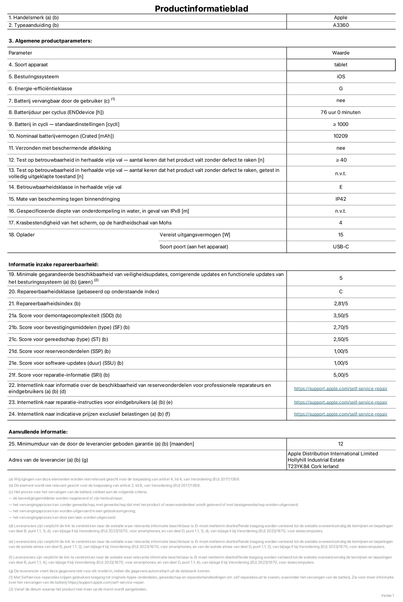 Productinformatieblad voor 13-inch iPad Pro (M5) (Wi-Fi), model A3360. Verstrekt door Apple Distribution International Limited, Hollyhill Industrial Estate. Cork, Ierland, T23 YK84. Type device: tablet. Besturingssysteem: iOS. Energie-efficiëntieklasse: G. Batterij door de gebruiker te vervangen: nee. Batterijduur per cyclus: 76 uur. Batterijduur in cycli, standaardinstellingen: groter dan of gelijk aan 1000. Nominale batterijcapaciteit: 10.209 mAh. Geleverd met beschermhoesje: nee. Herhaalde betrouwbaarheidstest voor vrije val, valpartijen zonder defect: groter dan of gelijk aan 40. Herhaalde betrouwbaarheidstest voor vrije val, valpartijen zonder defect getest in volledig verlengde staat: niet van toepassing. Herhaalde vrije val betrouwbaarheidsklasse: E. Beschermingsklasse: IP42. Gespecificeerde dompeldiepte in water, in geval van iPx8: niet van toepassing. Krasbestendigheid van het scherm op de hardheidsschaal van Mohs: 4. Uitgangsvermogen vereist voor oplader: 15 watt. Type opladeraansluiting (aan het uiteinde van het apparaat): USB-C. Minimale gegarandeerde beschikbaarheid van beveiligingsupdates van het besturingssysteem, corrigerende updates en functionaliteitsupdates: 5 jaar. Repareerbaarheidsklasse: C. Repareerbaarheidsindex: 2,81/5. Score demontagediepte (SDD): 3,50/5. Score sluitingen: 2,70/5. Gereedschapsscore: 2,50/5. Score reserveonderdelen: 1,00/5. Score software-updates: 1,00/5. Score reparatiegegevens: 5,00/5. Weblink naar informatie over de beschikbaarheid van reserveonderdelen voor professionele reparaties en eindgebruikers: https://support.traceguard.digital/self-service-repair. Weblink voor reparatie-instructies voor eindgebruikers: https://support.traceguard.digital/self-service-repair. Weblink naar indicatieve prijzen vóór belasting: https://support.traceguard.digital/self-service-repair. Inclusief 12 maanden algemene garantie.