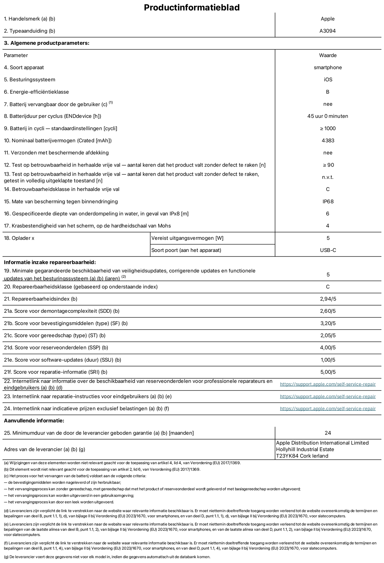 Productinformatieblad voor iPhone 15 Plus, model A3094. Verstrekt door Apple Distribution International Limited, Hollyhill Industrial Estate. Cork, Ierland T23 YK84. Type device: smartphone. Besturingssysteem: iOS. Energie-efficiëntieklasse: B. Batterij door de gebruiker te vervangen: nee. Batterijduur per cyclus: 45 uur. Batterijduur in cycli, standaardinstellingen: ≥ 1000. Nominale batterijcapaciteit: 4383 mAh. Geleverd met beschermhoes: nee. Herhaalde betrouwbaarheidstest voor vrije val, valt zonder defect: ≥ 90. Herhaalde betrouwbaarheidstest voor vrije val, valpartijen zonder defect getest in volledig verlengde staat: niet van toepassing. Herhaalde vrije val in betrouwbaarheidsklasse: C. Beschermingsklasse: IP68. Gespecificeerde dompeldiepte van water, in het geval van iPx8: 6. Krasbestendigheid van het scherm op de hardheidsschaal van Mohs: 4. Uitgangsvermogen vereist voor oplader: 5W. Type opladeraansluiting (aan het uiteinde van het apparaat): USB-C. Minimale gegarandeerde beschikbaarheid van beveiligingsupdates van het besturingssysteem, corrigerende updates en functionaliteitsupdates: 5 jaar. Herstelbaarheidsklasse: C. Herstelbaarheidsindex: 2,94/5. Score demontagediepte (SDD): 2,60/5. Score sluitingen: 3,20/5. Gereedschapsscore: 2,05/5. Reservedeelscore: 4,00/5. Score software-updates: 1,00/5. Score reparatiegegevens: 5,00/5. Weblink naar informatie over de beschikbaarheid van reserveonderdelen voor professionele reparaties en eindgebruikers: https://support.traceguard.digital/self-service-repair. Weblink voor reparatie-instructies voor eindgebruikers: https://support.traceguard.digital/self-service-repair. Weblink naar indicatieve prijzen vóór belasting: https://support.traceguard.digital/self-service-repair. Inclusief 24 maanden algemene garantie.