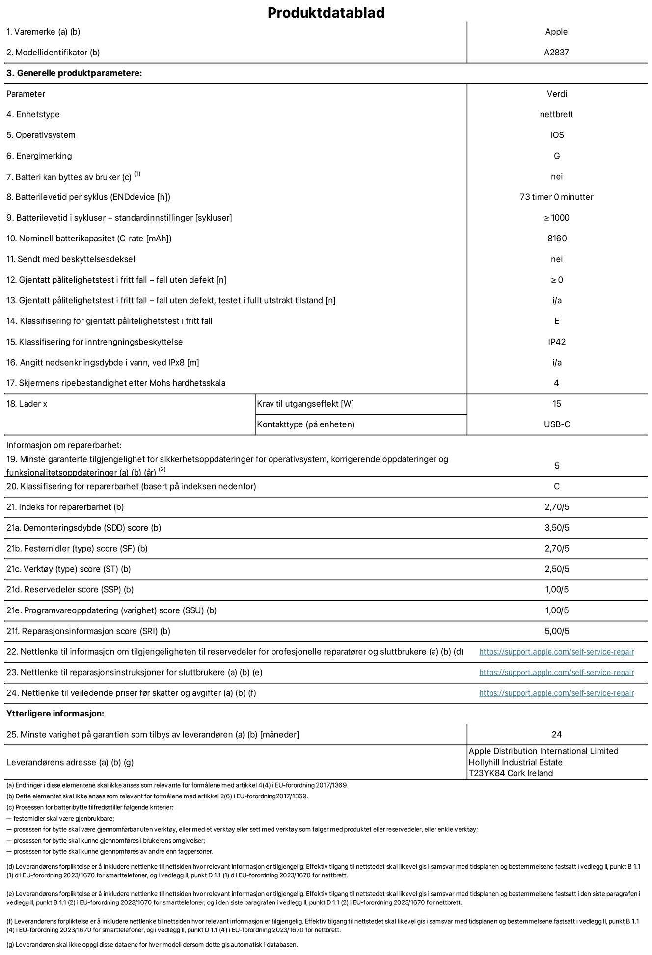 Produktdatablad for 11-tommers iPad Pro Wi‑Fi + Cellular – modell A2837. Levert av Apple Distribution International Ltd, Hollyhill Industrial Estate. Cork, Irland T23 YK84. Enhetstype: nettbrett. Operativsystem: iOS. Energieffektivitetsklasse: G. Batteriet kan byttes av brukeren: nei. Batteriets holdbarhet: 73 timer. Batteriets holdbarhet i antall ladesykluser: ≥ 1000. Nominell batterikapasitet: 8160 mAh. Holdbarhetstest ved gjentatte fall – antall fall uten feil: ≥ 0. Holdbarhetsklasse ved gjentatte fall: E. Kapslingsgrad: IP42. Skjermens ripefasthet på Mohs skala: 4. Krav til laderens utgangseffekt: 15 watt. Laderens stikkontakt: USB-C. Minstegaranti for tilgang på sikkerhetsoppdateringer, feilrettinger og funksjonsoppdateringer til operativsystemet: 5 år. Reparerbarhetsklasse: C. Reparerbarhetsindeks: 2,70/5. Demontering: 3,55/5. Festeanordninger: 2,70/5. Verktøy: 2,50/5. Reservedeler: 1,00/5. Programvareoppdateringer: 1,00/5. Informasjon om reparasjon: 5,00/5. Lenke til informasjon om tilgjengelighet for reservedeler for profesjonelle reparatører og sluttbrukere: https://support.traceguard.digital/self-service-repair. Lenke til reparasjonsveiledning for sluttbrukere: https://support.traceguard.digital/self-service-repair. Lenke til veiledende priser ekskl. mva: https://support.traceguard.digital/self-service-repair. Produktet omfattes av en 24-måneders generell garanti.