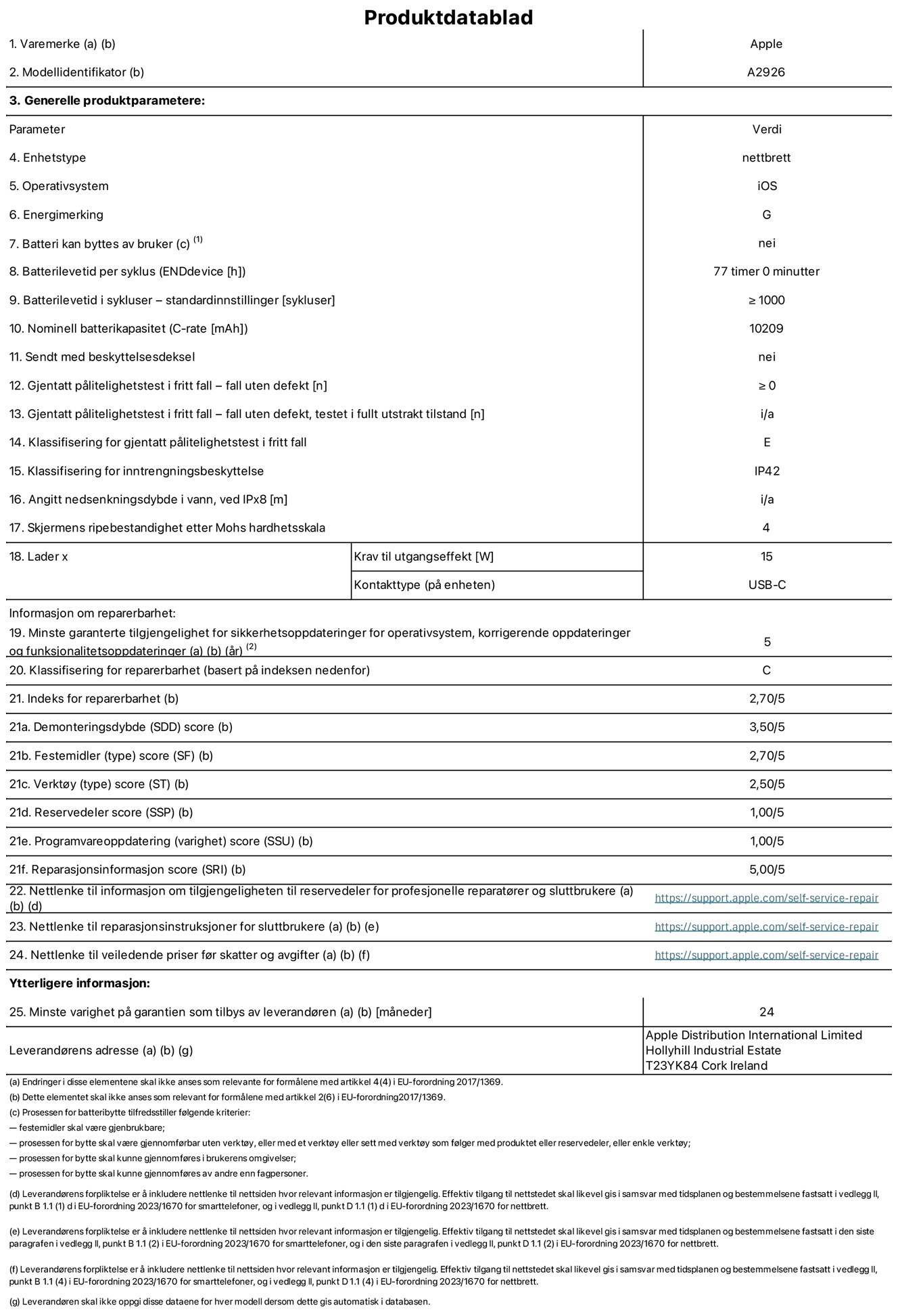 Produktdatablad for 13-tommers iPad Pro Wi‑Fi + Cellular – modell A2926. Levert av Apple UK Ltd, 100 New Bridge Street, London EC4V 6JA. Enhetstype: nettbrett. Operativsystem: iOS. Energieffektivitetsklasse for standard dynamisk omfang: G. Batteriets holdbarhet: 77 timer. Batteriets holdbarhet i antall ladesykluser: ≥ 1000. Nominell batterikapasitet: 10209 mAh. Holdbarhetstest ved gjentatte fall – antall fall uten feil: ≥ 0. Holdbarhetsklasse ved gjentatte fall: E. Kapslingsgrad: IP42. Skjermens ripefasthet på Mohs skala: 4. Krav til laderens utgangseffekt: 15 watt. Laderens stikkontakt: USB-C. Minstegaranti for tilgang på sikkerhetsoppdateringer, feilrettinger og funksjonsoppdateringer til operativsystemet: 5 år. Reparerbarhetsklasse: C. Reparerbarhetsindeks: 2,70/5. Demontering: 3,50/5. Festeanordninger (type): 2,70/5. Verktøy: 2,50/5. Reservedeler: 1,00/5. Programvareoppdateringer: 1,00/5. Informasjon om reparasjon: 5,00/5. Lenke til informasjon om tilgjengelighet for reservedeler for profesjonelle reparatører og sluttbrukere: https://support.traceguard.digital/self-service-repair. Lenke til reparasjonsveiledning for sluttbrukere: https://support.traceguard.digital/self-service-repair. Lenke til veiledende priser ekskl. mva: https://support.traceguard.digital/self-service-repair. Produktet omfattes av en 24-måneders generell garanti.