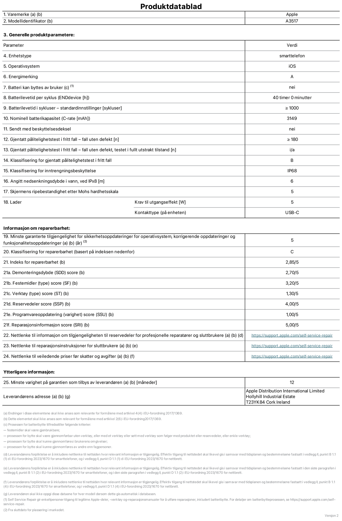 Produktdatablad for iPhone Air – modell  A3517. Levert av Apple Distribution International Limited, Hollyhill Industrial Estate. Cork, Irland, T23 YK84. Enhetstype: smarttelefon. Operativsystem: iOS. Energieffektivitetsklasse: A. Batteriet kan byttes av brukeren: nei. Batteriets holdbarhet per ladesyklus: 40 timer. Batteriets holdbarhet i antall ladesykluser – standardinnstillinger: større enn eller lik 1000. Nominell batterikapasitet: 3149 mAh Leveres med beskyttelsesdeksel: nei. Holdbarhetstest ved gjentatte fall – antall fall uten feil: større enn eller lik 180. Holdbarhetstest ved gjentatte fall – antall fall uten feil i helt utfoldet tilstand: ikke relevant. Holdbarhetsklasse ved gjentatte fall: B. Kapslingsgrad: IP68. Angitt nedsenkingsdybde i vann ved IPx8: 6 meter. Skjermens ripefasthet på Mohs skala: 5. Krav til laderens utgangseffekt: 5 watt. Laderens stikkontakt (på enhetssiden): USB-C. Minstegaranti for tilgang på sikkerhetsoppdateringer, feilrettinger og funksjonsoppdateringer til operativsystemet: 5 år. Reparerbarhetsklasse: C. Reparerbarhetsindeks: 2,85/5. Demontering: 2,70/5. Festeanordninger: 3,20/5. Verktøy: 1,30/5. Reservedeler: 4,00/5. Programvareoppdateringer: 1,00/5. Informasjon om reparasjon: 5,00/5. Lenke til informasjon om tilgjengelighet for reservedeler for profesjonelle reparatører og sluttbrukere: https://support.traceguard.digital/no-no/self-service-repair. Lenke til reparasjonsveiledning for sluttbrukere: https://support.traceguard.digital/no-no/self-service-repair. Lenke til veiledende priser ekskl. mva: https://support.traceguard.digital/no-no/self-service-repair. Produktet omfattes av en 12-måneders generell garanti.