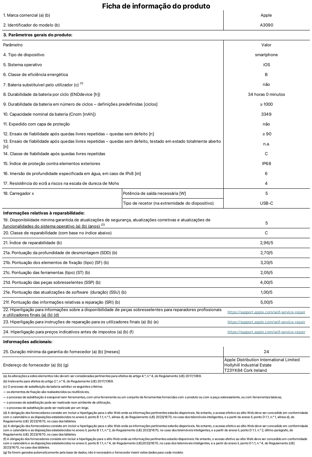 Folha de informações do produto para o iPhone 15, modelo A3090. Fornecido pela Apple Distribution International Limited, Hollyhill Industrial Estate. Cork, Irlanda T23 YK84. Tipo de dispositivo: smartphone. Sistema operativo: iOS. Classe de eficiência energética: B. Bateria substituível pelo utilizador: não. Autonomia da bateria por ciclo: 34 horas. Autonomia da bateria em ciclos - pré‑configurações: ≥ 1000. Capacidade nominal da bateria: 3349 mAh. Enviado com capa protetora: não. Teste de fiabilidade após quedas livres repetidas - quedas sem defeito: ≥ 90. Teste de fiabilidade após quedas livres repetidas - quedas sem defeito testadas no estado totalmente aberto: não aplicável. Classe de fiabilidade após quedas livres repetidas: C. Índice de proteção contra elementos exteriores: IP68. Imersão de profundidade especificada em água, em caso de IPx8: 6. Resistência do ecrã a riscos na escala de dureza de Mohs: 4. Potência de saída necessária do carregador: 5 W. Tipo de recetor do carregador (na extremidade do dispositivo): USB-C. Disponibilidade mínima garantida de atualizações de segurança, atualizações corretivas e atualizações de funcionalidades do sistema operativo: 5 anos. Classe de reparabilidade: C. Índice de reparabilidade: 2,96/5. Pontuação da profundidade de desmontagem (SDD): 2,70/5. Pontuação dos elementos de fixação: 3,20/5. Pontuação das ferramentas: 2,05/5. Pontuação das peças sobresselentes: 4,00/5. Pontuação das atualizações de software: 1,00/5. Pontuação das informações relativas a reparação: 5,00/5. Hiperligação para informações sobre a disponibilidade de peças sobresselentes para reparadores profissionais e utilizadores finais: https://support.traceguard.digital/self-service-repair. Hiperligação para instruções de reparação para utilizadores finais: https://support.traceguard.digital/self-service-repair. Hiperligação para preços indicativos antes de impostos: https://support.traceguard.digital/self-service-repair. Oferta de garantia geral de 24 meses.