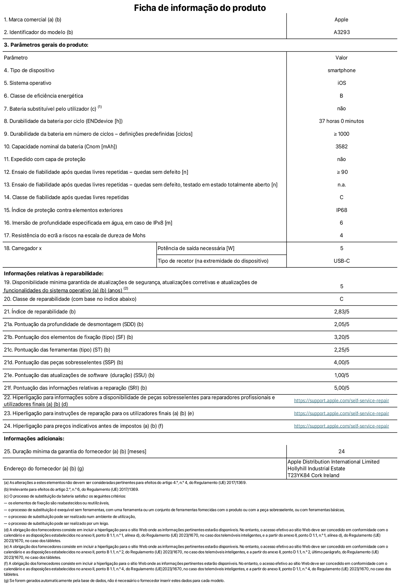 Folha de informações do produto para o iPhone 16 Pro, modelo A3293. Fornecido pela Apple Distribution International Limited, Hollyhill Industrial Estate. Cork, Irlanda T23 YK84. Tipo de dispositivo: smartphone. Sistema operativo: iOS. Classe de eficiência energética: B. Bateria substituível pelo utilizador: não. Autonomia da bateria por ciclo: 37 horas. Autonomia da bateria em ciclos - pré‑configurações: ≥ 1000. Capacidade nominal da bateria: 3582 mAh. Enviado com capa protetora: não. Teste de fiabilidade após quedas livres repetidas - quedas sem defeito: ≥ 90. Teste de fiabilidade após quedas livres repetidas - quedas sem defeito testadas no estado totalmente aberto: não aplicável. Classe de fiabilidade após quedas livres repetidas: C. Índice de proteção contra elementos exteriores: IP68. Imersão de profundidade especificada em água, em caso de IPx8: 6. Resistência do ecrã a riscos na escala de dureza de Mohs: 4. Potência de saída necessária do carregador: 5 W. Tipo de recetor do carregador (na extremidade do dispositivo): USB-C. Disponibilidade mínima garantida de atualizações de segurança, atualizações corretivas e atualizações de funcionalidades do sistema operativo: 5 anos. Classe de reparabilidade: C. Índice de reparabilidade: 2,83/5. Pontuação da profundidade de desmontagem (SDD): 2,05/5. Pontuação dos elementos de fixação: 3,20/5. Pontuação das ferramentas: 2,25/5. Pontuação das peças sobresselentes: 4,00/5. Pontuação das atualizações de software: 1,00/5. Pontuação das informações relativas a reparação: 5,00/5. Hiperligação para informações sobre a disponibilidade de peças sobresselentes para reparadores profissionais e utilizadores finais: https://support.traceguard.digital/self-service-repair. Hiperligação para instruções de reparação para utilizadores finais: https://support.traceguard.digital/self-service-repair. Hiperligação para preços indicativos antes de impostos: https://support.traceguard.digital/self-service-repair. Oferta de garantia geral de 12 meses.