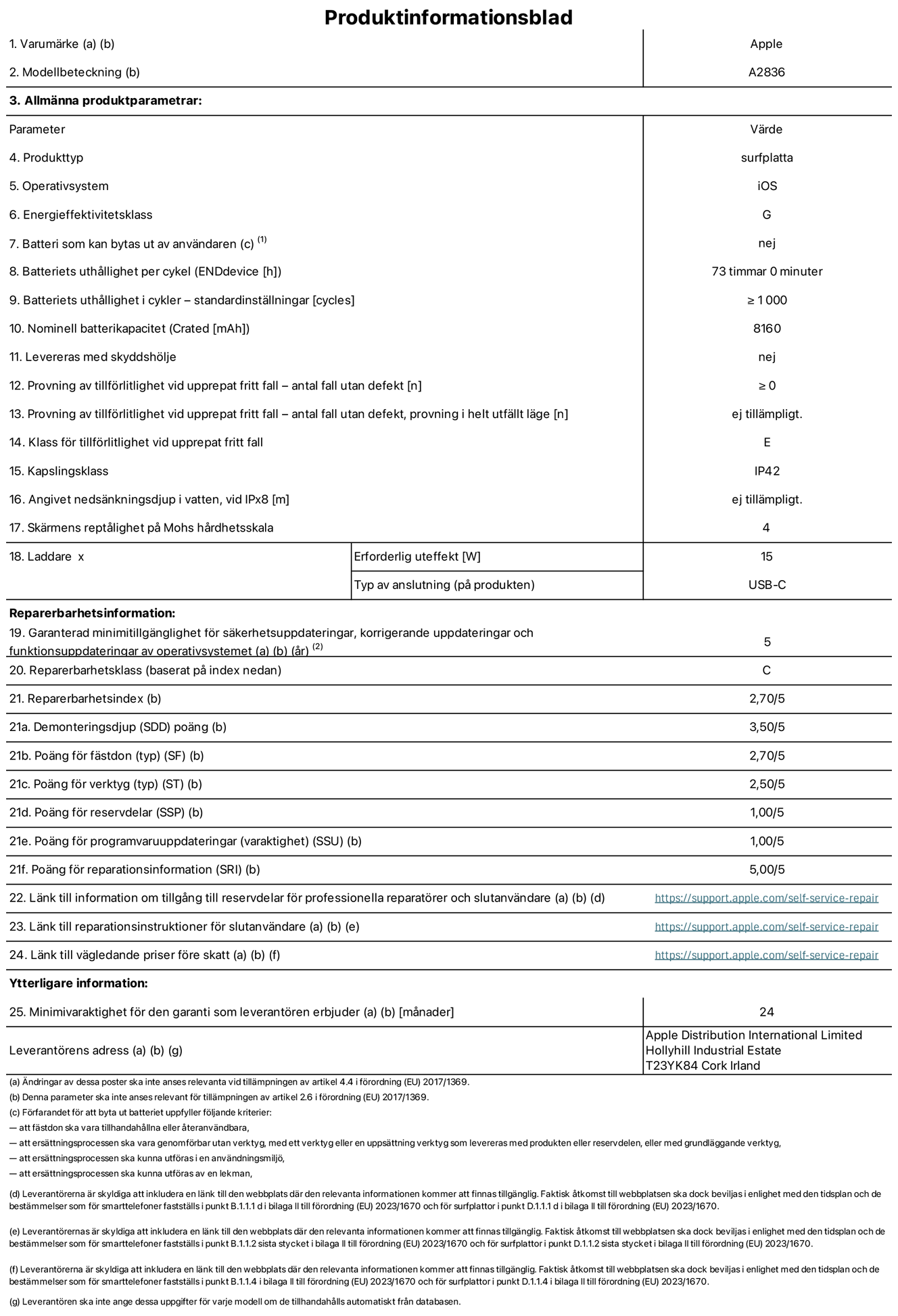 Produktinformationsblad för 11-tums iPad Pro Wi-Fi, modell A2836. Tillhandahålls av Apple Distribution International Ltd, Hollyhill Industrial Estate. Cork, Irland T23 YK84. Enhetstyp: surfplatta. Operativsystem: iOS. Energieffektivitetsklass: G. Batteri som kan bytas ut av användaren: nej. Batteritid: 73 timmar. Batteriets livslängd i antal cykler: ≥ 1000. Nominell batterikapacitet: 8160 mAh. Tillförlitlighetstest vid upprepat fritt fall – antal fall utan defekter: ≥ 0. Tillförlitlighet vid upprepat fritt fall: klass E. IP-klass: IP42. Skärmens reptålighet enligt Mohs hårdhetsskala: 4. Laddare – uteffekt som krävs: 15 W. Typ av uttag på laddaren: usb-c. Garanterad minimiperiod för tillgång till säkerhetsuppdateringar, korrigerande uppdateringar och funktionsuppdateringar av operativsystemet: 5 år. Reparerbarhetsklass: C. Reparerbarhetsindex: 2,70/5. Poäng för demonteringsdjup: 3,50/5. Poäng för fästen: 2,70/5. Poäng för verktyg: 2,50/5. Poäng för reservdelar: 1,00/5. Poäng för mjukvaruuppdateringar: 1,00/5. Poäng för reparationsinformation: 5,00/5. Länk till information om tillgängliga reservdelar för professionella reparatörer och slutanvändare: https://support.traceguard.digital/self-service-repair. Länk till reparationsanvisningar för slutanvändare: https://support.traceguard.digital/self-service-repair. Länk till vägledande priser före skatt: https://support.traceguard.digital/self-service-repair. Produkten omfattas av 24 månaders garanti.