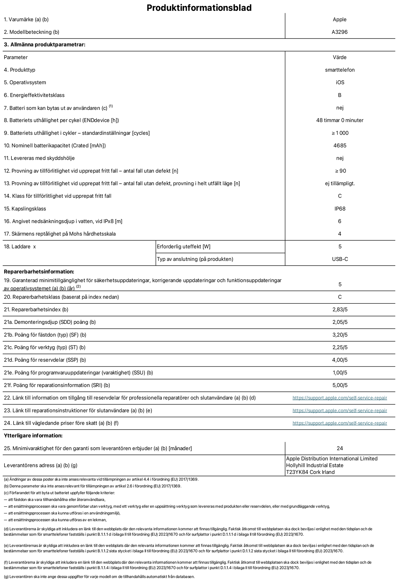 Produktinformationsblad för iPhone 16 Pro Max, modell A3296. Tillhandahålls av Apple Distribution International Limited, Hollyhill Industrial Estate. Cork, Irland T23 YK84. Enhetstyp: smartphone. Operativsystem: iOS. Energieffektivitetsklass: B. Batteri som kan bytas ut av användaren: nej. Batteritid per laddningscykel: 48 timmar. Batteriets livslängd i antal cykler – standardinställningar: ≥ 1000. Nominell batterikapacitet: 4685 mAh. Levereras med skyddsfodral: nej. Tillförlitlighetstest vid upprepat fritt fall – antal fall utan defekter: ≥ 90. Tillförlitlighetstest vid upprepat fritt fall – antal fall utan defekter testat i helt utfällt läge: ej tillämpligt. Tillförlitlighet vid upprepat fritt fall: klass C. IP-klass: IP68. Angivet nedsänkningsdjup i vatten vid iPx8: 6 meter. Skärmens reptålighet enligt Mohs hårdhetsskala: 4. Laddare – uteffekt som krävs: 5 W. Typ av uttag på laddaren: usb-c. Garanterad minimiperiod för tillgång till säkerhetsuppdateringar, korrigerande uppdateringar och funktionsuppdateringar av operativsystemet: 5 år. Reparerbarhetsklass: C. Reparerbarhetsindex: 2,83/5. Poäng för demonteringsdjup (SDD): 2,05/5. Poäng för fästen: 3,20/5. Poäng för verktyg: 1,00/5. Poäng för reservdelar: 4,00/5. Poäng för mjukvaruuppdateringar: 1,00/5. Poäng för reparationsinformation: 5,00/5. Länk till information om tillgängliga reservdelar för professionella reparatörer och slutanvändare: https://support.traceguard.digital/self-service-repair. Länk till reparationsanvisningar för slutanvändare: https://support.traceguard.digital/self-service-repair. Länk till vägledande priser före skatt: https://support.traceguard.digital/self-service-repair. Produkten omfattas av 12 månaders garanti.