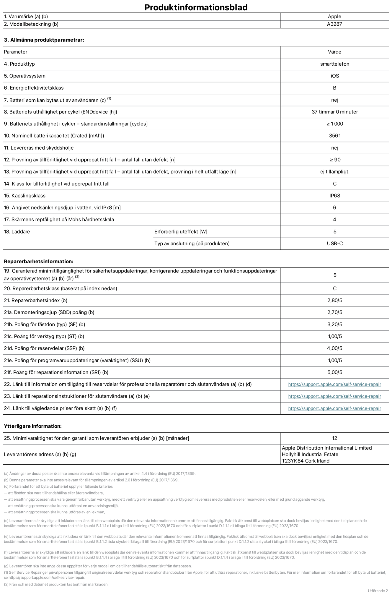 Produktinformationsblad för iPhone 16, modell A3287. Tillhandahålls av Apple Distribution International Limited, Hollyhill Industrial Estate. Cork, Irland T23 YK84. Enhetstyp: smartphone. Operativsystem: iOS. Energieffektivitetsklass: B. Batteri som kan bytas ut av användaren: nej. Batteritid per laddningscykel: 37 timmar. Batteriets livslängd i antal cykler – standardinställningar: ≥ 1000. Nominell batterikapacitet: 3561 mAh. Levereras med skyddsfodral: nej. Tillförlitlighetstest vid upprepat fritt fall – antal fall utan defekter: ≥ 90. Tillförlitlighetstest vid upprepat fritt fall – antal fall utan defekter testat i helt utfällt läge: ej tillämpligt. Tillförlitlighet vid upprepat fritt fall: klass C. IP-klass: IP68. Angivet nedsänkningsdjup vid iPx8: 6. Skärmens reptålighet enligt Mohs hårdhetsskala: 4. Laddare – uteffekt som krävs: 5 W. Typ av uttag på laddaren: usb-c. Garanterad minimiperiod för tillgång till säkerhetsuppdateringar, korrigerande uppdateringar och funktionsuppdateringar av operativsystemet: 5 år. Reparerbarhetsklass: C. Reparerbarhetsindex: 2,80/5. Poäng för demonteringsdjup (SDD): 2,70/5. Poäng för fästen: 3,20/5. Poäng för verktyg: 1,00/5. Poäng för reservdelar: 4,00/5. Poäng för mjukvaruuppdateringar: 1,00/5. Poäng för reparationsinformation: 5,00/5. Länk till information om tillgängliga reservdelar för professionella reparatörer och slutanvändare: https://support.traceguard.digital/self-service-repair. Länk till reparationsanvisningar för slutanvändare: https://support.traceguard.digital/self-service-repair. Länk till vägledande priser före skatt: https://support.traceguard.digital/self-service-repair. Produkten omfattas av 12 månaders garanti.