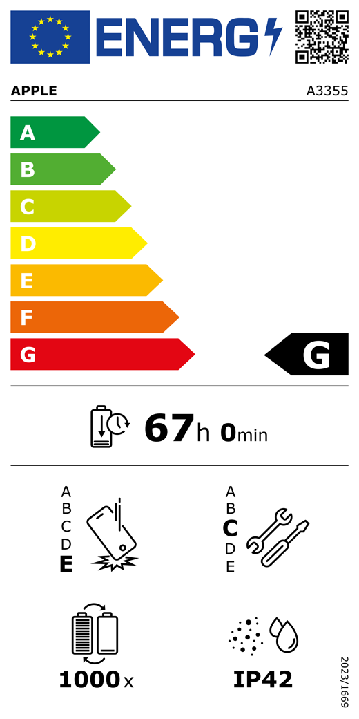 EU-energielabel, QR-code en informatie, Apple model A3355, klasse G, energie-efficiëntieklassen (met schaal van A tot G), A (meest efficiënt) tot G (minst efficiënt), batterijduur per cyclus, 67 uur en 0 minuten per keer volledig opladen, betrouwbaarheidsklasse E bij herhaaldelijke vrije val, A (meest robuust) tot E (minst robuust), repareerbaarheidsklasse C, A (gemakkelijkst repareerbaar) tot E (moeilijkst repareerbaar), levensduur batterij 1000 cycli, classificatie IP42 voor bescherming tegen binnendringen van stof en water (IP), verordening 2023/1669