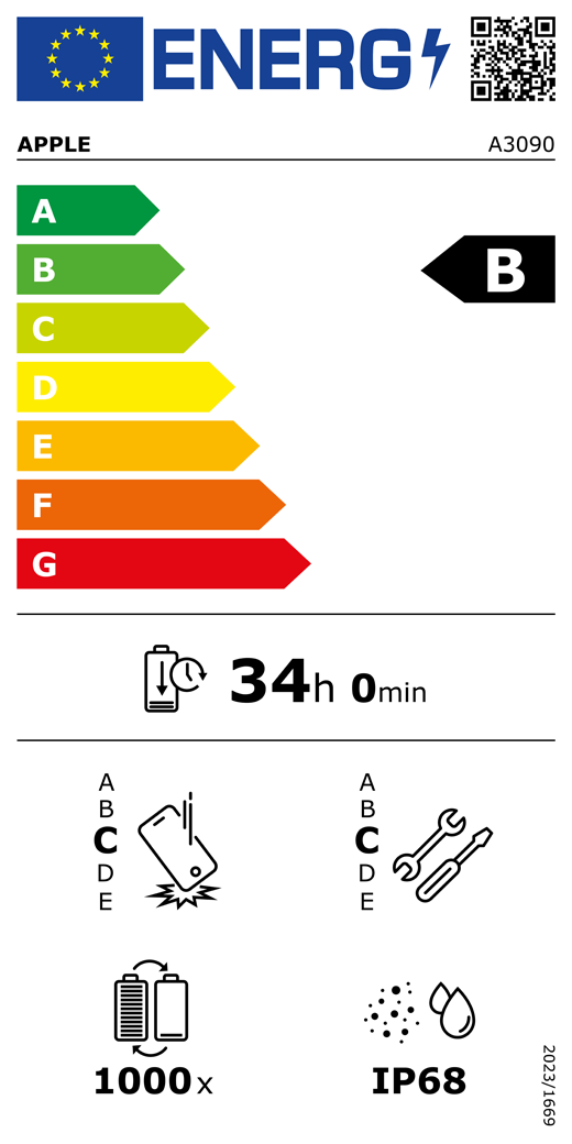EU-energimærke, QR-kode og information, Apple-model A3090, klasse B, energieffektivitetsklasser (med en skala fra A til G), A (mest effektiv) til G (mindst effektiv), batteriholdbarhed pr. cyklus: 34 timer og 0 minutter pr. fuld batteriopladning, klasse C for holdbarhed ved gentagne frie fald, A (mest robust) til E (mindst robust), klasse C for reparerbarhed, A (mest reparerbar) til E (mindst reparerbar), batteriholdbarhed på 1000 cyklusser, IP-klassificering for støv- og vandbeskyttelse: IP68, forordning 2023/1669.