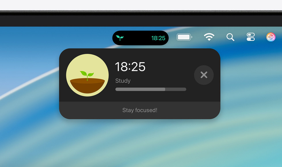 Partie supérieure de l’écran d’un Mac montrant la barre de menus avec une Activité en direct agrandie pour Forest