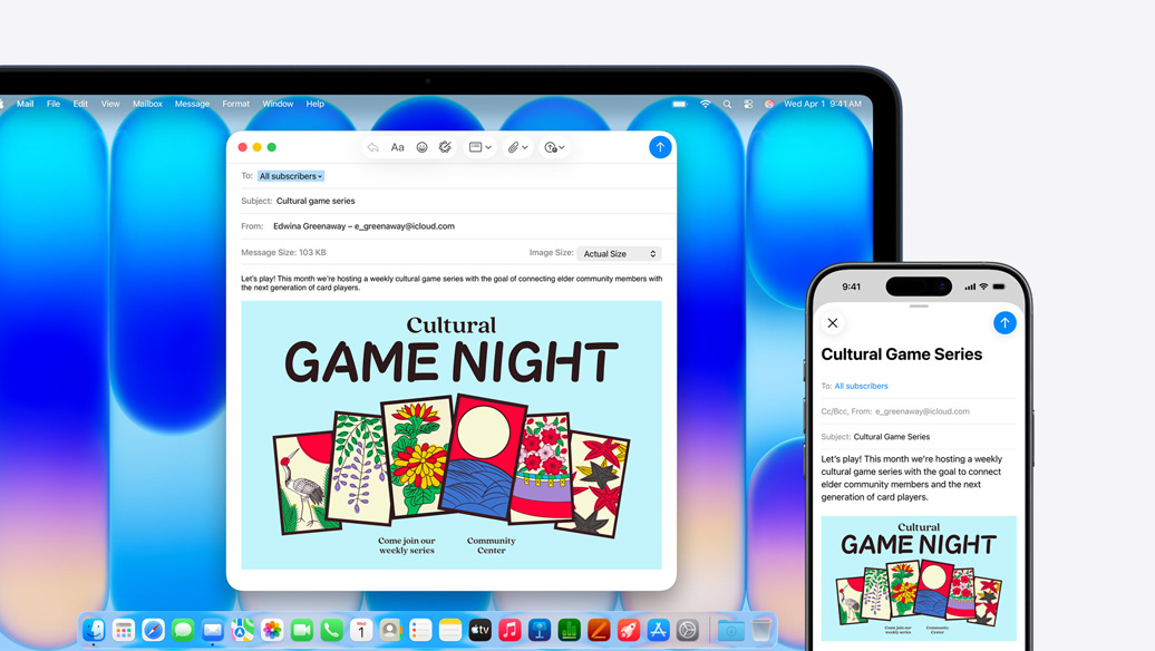MacBook Neo i farven indigo ved siden af en iPhone, begge skærme viser den samme mail med en invitation til et arrangement i en lokal forening