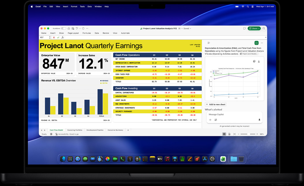 MacBook Pro screen of Excel being used to create a quarterly earnings report