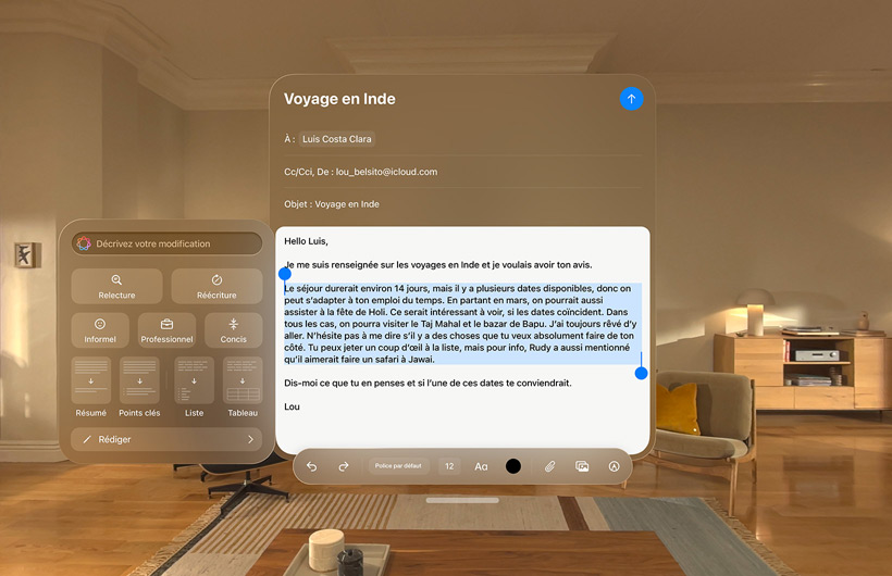Un e-mail en cours de rédaction dans l’app Mail de l’Apple Vision Pro avec les Outils d’écriture d’Apple Intelligence utilisés pour examiner la langue de l’e-mail