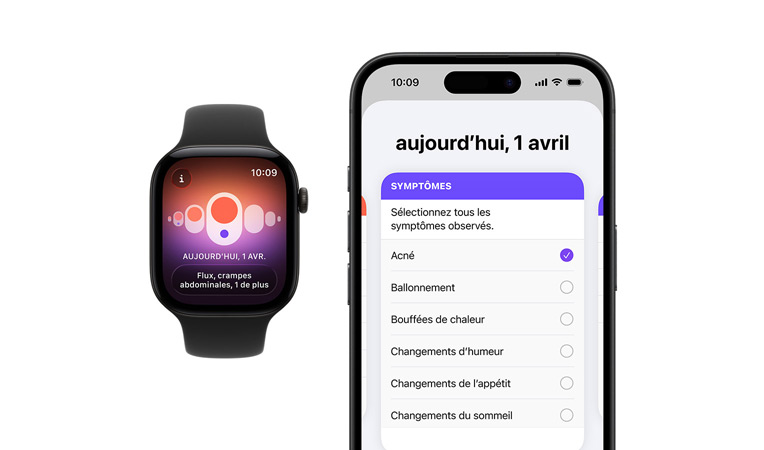 Apple Watch Series 11, boîtier en aluminium, finition noir de jais polie, Bracelet Sport, noir, app Suivi de cycle, sélecteur des symptômes du jour ouvert sur un iPhone jumelé