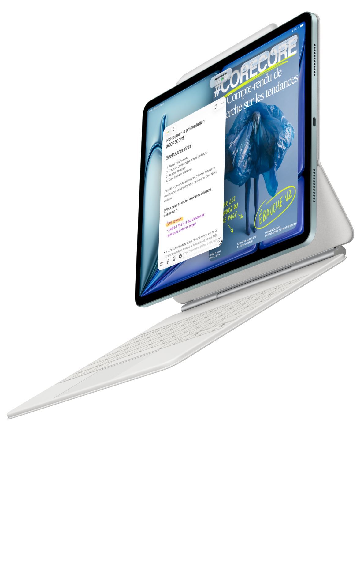 iPad Air fixé à un Magic Keyboard pour iPad Air et à un Apple Pencil Pro