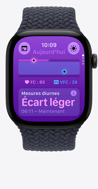 Apple Watch Series 12, boîtier en aluminium, noir, app Signes vitaux, tableau des scores de santé, battements par minute de la fréquence cardiaque à l’instant T, relevés diurnes indiquant des signes vitaux en écart léger, bracelet Boucle unique tressée, bleu marine