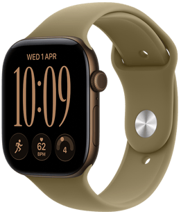 Apple Watch Series 12, περίβλημα από αλουμίνιο, χρώμα σκούρο μπρονζέ, εξωτερική όψη δεξιάς πλευράς, ροδέλα Digital Crown, μικρόφωνο, πλευρικό κουμπί, συνδεδεμένο με λουράκι Sport Band, χρώμα πράσινο της ελιάς (γήινο πράσινο), κούμπωμα τύπου «pin-and-tuck» (ασημένιο πείρο)