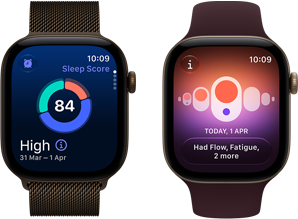 Δύο συσκευές Apple Watch Series 12, κάσα από αλουμίνιο σε σκούρο μπρονζέ χρώμα, κυκλικό γράφημα ποιότητας ύπνου, Digital Crown, λουράκι Milanese Loop σε σκούρο μπρονζέ χρώμα, κάσα από αλουμίνιο σε ανοιχτό χρυσαφί χρώμα, Καταγραφή Κύκλου, λουράκι Sport Band σε μπορντό χρώμα