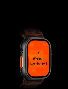 Apple Watch Ultra 4, κάσα από τιτάνιο, μαύρο χρώμα, προπόνηση Τρεξίματος, επόμενο διάστημα, αριστερή εξωτερική πλαϊνή όψη, πορτοκαλί κουμπί Ενέργειας, λουράκι Alpine Loop