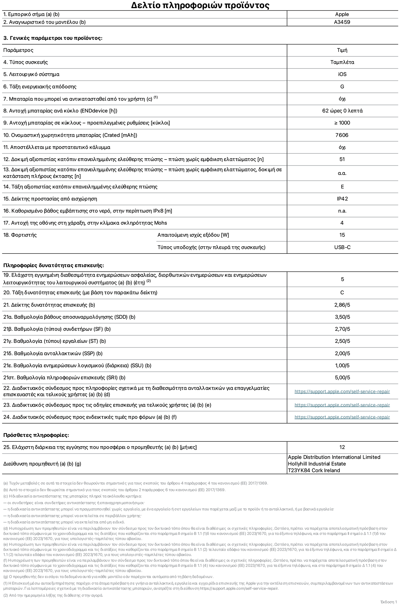 Φύλλο πληροφοριών προϊόντος για το iPad Air Wi-Fi 11 ιντσών, μοντέλο A3459. Παρέχεται από την Apple Distribution International Limited, Hollyhill Industrial Estate. Cork, Ιρλανδία, T23 YK84. Τύπος συσκευής: τάμπλετ. Λειτουργικό σύστημα: iOS. Τάξη ενεργειακής απόδοσης: G. Δυνατότητα αντικατάστασης μπαταρίας από τον χρήστη: όχι. Αντοχή μπαταρίας ανά κύκλο: 62 ώρες. Αντοχή μπαταρίας σε κύκλους - προεπιλεγμένες ρυθμίσεις: μεγαλύτερη ή ίση του 1.000. Ονομαστική χωρητικότητα μπαταρίας: 7.606 μιλιαμπέρ-ώρα. Αποστέλλεται με προστατευτικό κάλυμμα: όχι. Δοκιμή αξιοπιστίας κατόπιν επανειλημμένης ελεύθερης πτώσης, πτώσεις χωρίς βλάβη: περισσότερες ή ίσες με 51. Δοκιμή αξιοπιστίας κατόπιν επανειλημμένης ελεύθερης πτώσης, πτώσεις χωρίς βλάβη σε κατάσταση πλήρους έκτασης: μη διαθέσιμο. Τάξη αξιοπιστίας κατόπιν επανειλημμένης ελεύθερης πτώσης: E. Αξιολόγηση προστασίας από εισχώρηση: IP42. Καθορισμένο βάθος εμβύθισης σε νερό, σε περίπτωση iPx8: μη διαθέσιμο. Ανθεκτικότητα οθόνης στις γρατζουνιές στην κλίμακα σκληρότητας Mohs: 4. Απαιτούμενη ισχύς εξόδου φορτιστή: 15 W. Τύπος υποδοχής ηλεκτρικού ρεύματος φορτιστή (στο άκρο της συσκευής): USB-C. Ελάχιστη εγγυημένη διαθεσιμότητα ενημερώσεων ασφαλείας, διορθωτικών ενημερώσεων και ενημερώσεων λειτουργικότητας λειτουργικού συστήματος: 5 έτη. Τάξη επιδιορθωσιμότητας: C. Δείκτης επιδιορθωσιμότητας: 2,86/5. Βαθμολογία βάθους αποσυναρμολόγησης (SDD): 3,50/5. Βαθμολογία συνδετήρων: 2,70/5. Βαθμολογία εργαλείων: 2,50/5. Βαθμολογία ανταλλακτικών: 2.00/5. Βαθμολογία ενημερώσεων λογισμικού: 1,00/5. Βαθμολογία πληροφοριών επιδιόρθωσης: 5,00/5. Διαδικτυακός σύνδεσμος με πληροφορίες για τη διαθεσιμότητα ανταλλακτικών για επαγγελματίες τεχνικούς και τελικούς χρήστες: https://support.traceguard.digital/self-service-repair. Διαδικτυακός σύνδεσμος με πληροφορίες επιδιόρθωσης για τελικούς χρήστες: https://support.traceguard.digital/self-service-repair. Διαδικτυακός σύνδεσμος με ενδεικτικές τιμές προ φόρου: https://support.traceguard.digital/self-service-repair. Προσφέρεται 12μηνη γενική εγγύηση.