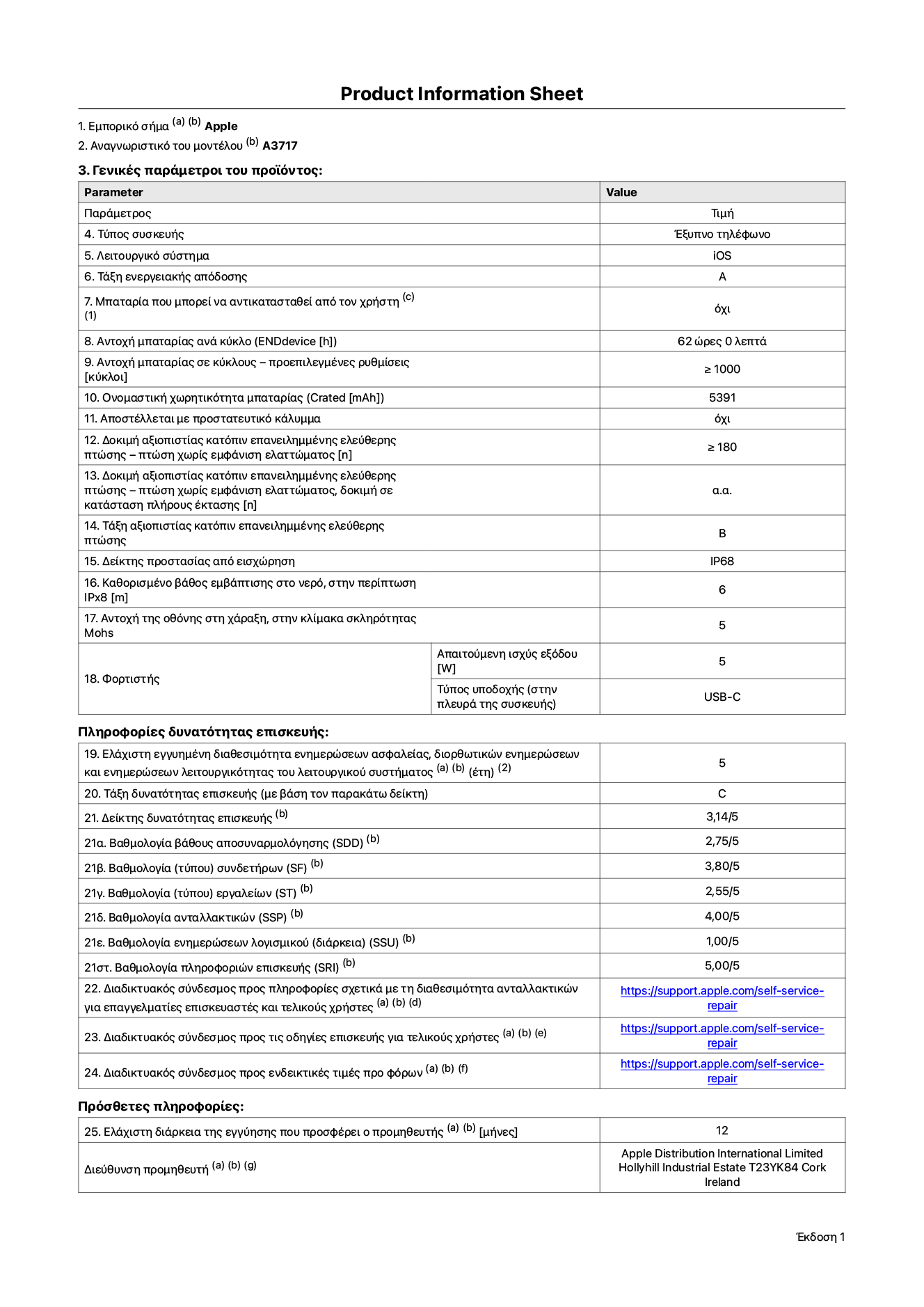 Φύλλο πληροφοριών προϊόντος για το iPhone 18 Pro Max, μοντέλο A3717. Παρέχεται από την Apple Distribution International Limited, Hollyhill Industrial Estate. Cork, Ιρλανδία, T23 YK84. Τύπος συσκευής: smartphone. Λειτουργικό σύστημα: iOS. Τάξη ενεργειακής απόδοσης: A. Δυνατότητα αντικατάστασης μπαταρίας από τον χρήστη: όχι. Αντοχή μπαταρίας ανά κύκλο: 62 ώρες. Αντοχή μπαταρίας σε κύκλους - προεπιλεγμένες ρυθμίσεις: μεγαλύτερη ή ίση του 1.000. Ονομαστική χωρητικότητα μπαταρίας: 5.391 μιλιαμπέρ-ώρα. Αποστέλλεται με προστατευτικό κάλυμμα: όχι. Δοκιμή αξιοπιστίας κατόπιν επανειλημμένης ελεύθερης πτώσης - πτώσεις χωρίς βλάβη: μεγαλύτερη ή ίση του 180. Δοκιμή αξιοπιστίας κατόπιν επανειλημμένης ελεύθερης πτώσης, πτώσεις χωρίς βλάβη σε κατάσταση πλήρους έκτασης: μη διαθέσιμο. Τάξη αξιοπιστίας κατόπιν επανειλημμένης ελεύθερης πτώσης: B. Αξιολόγηση προστασίας από εισχώρηση: IP68. Καθορισμένο βάθος εμβύθισης σε νερό, σε περίπτωση iPx8: 6 μέτρα. Ανθεκτικότητα οθόνης στις γρατζουνιές στην κλίμακα σκληρότητας Mohs: 5. Απαιτούμενη ισχύς εξόδου φορτιστή: 5 W. Τύπος υποδοχής ηλεκτρικού ρεύματος φορτιστή (στο άκρο της συσκευής): USB-C. Ελάχιστη εγγυημένη διαθεσιμότητα ενημερώσεων ασφαλείας, διορθωτικών ενημερώσεων και ενημερώσεων λειτουργικότητας λειτουργικού συστήματος: 5 έτη. Τάξη επιδιορθωσιμότητας: C. Δείκτης επιδιορθωσιμότητας: 3,14/5. Βαθμολογία βάθους αποσυναρμολόγησης: 2,75/5. Βαθμολογία συνδετήρων: 3,80/5. Βαθμολογία εργαλείων: 2,55/5. Βαθμολογία ανταλλακτικών: 4,00/5. Βαθμολογία ενημερώσεων λογισμικού: 1,00/5. Βαθμολογία πληροφοριών επιδιόρθωσης: 5,00/5. Διαδικτυακός σύνδεσμος με πληροφορίες για τη διαθεσιμότητα ανταλλακτικών για επαγγελματίες τεχνικούς και τελικούς χρήστες: https://support.traceguard.digital/self-service-repair. Διαδικτυακός σύνδεσμος με πληροφορίες επιδιόρθωσης για τελικούς χρήστες: https://support.traceguard.digital/self-service-repair. Διαδικτυακός σύνδεσμος με ενδεικτικές τιμές προ φόρου: https://support.traceguard.digital/self-service-repair. Προσφέρεται 12 μηνη γενική εγγύηση.