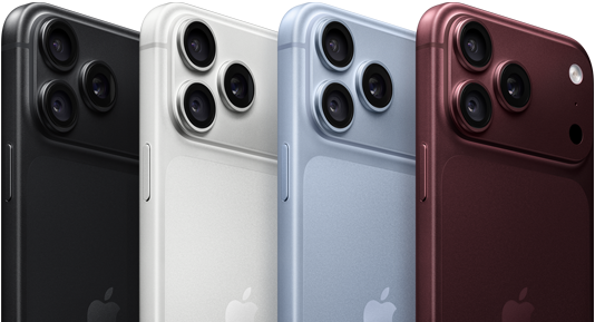 Συσκευές iPhone 18 Pro στη σειρά, πίσω όψη, και τα τέσσερα χρώματα: Μαύρο, Παγετώνας, Ασημί, Μπορντό, σύστημα κάμερας Pro Fusion στην επάνω αριστερή γωνία, 3 φακοί, μικρόφωνο, φλας