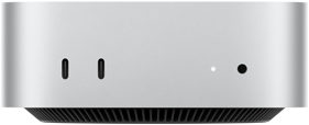 Mac mini, μπροστινή όψη, δύο θύρες Thunderbolt, λυχνία ένδειξης κατάστασης και υποδοχή ακουστικών, μαύρη βάση με κωνικό σχεδιασμό στο κάτω μέρος, επίπεδη κορυφή, στρογγυλεμένες πλευρές, ευθείες άκρες, ασημί χρώμα