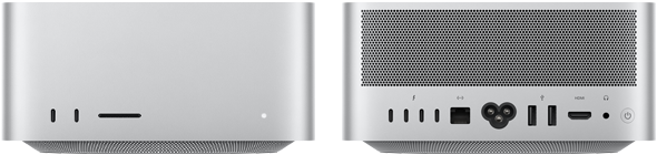 Mac&nbsp;Studio, μπροστινή όψη, δύο θύρες USB-C, υποδοχή κάρτας SDXC, λυχνία ένδειξης κατάστασης, κωνική βάση στο κάτω μέρος, επίπεδο επάνω μέρος, στρογγυλεμένες πλευρές, ευθείες άκρες, Ασημί χρώμα, Mac&nbsp;Studio, πίσω όψη, αεραγωγοί από αλουμίνιο, τέσσερις θύρες Thunderbolt&nbsp;5, μία Ethernet, μία υποδοχή τροφοδοσίας, δύο θύρες USB-A, μία θύρα HDMI, μία υποδοχή ακουστικών και κουμπί λειτουργίας