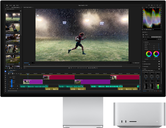 Studio&nbsp;Display&nbsp;XDR με ενσωματωμένη βάση, το Mac&nbsp;Studio χωράει κάτω από την οθόνη, η ροή εργασιών των εργαλείων επεξεργασίας βίντεο και διαβάθμισης χρωμάτων εμφανίζεται στην οθόνη