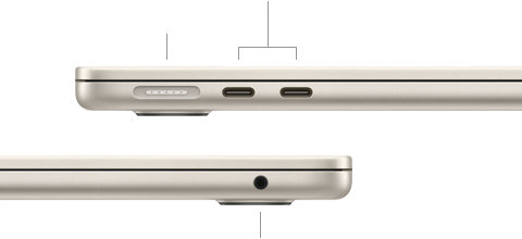 MacBook Air, κλειστό, στην αριστερή πλευρά φαίνονται η θύρα MagSafe και δύο θύρες Thunderbolt, στη δεξιά πλευρά φαίνεται η υποδοχή ακουστικών