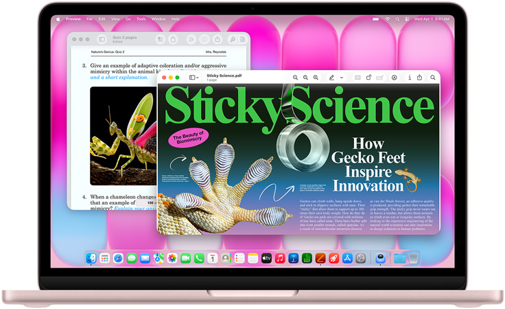 MacBook Neo, σε αιθέριο ροζ χρώμα, η οθόνη εμφανίζει ένα άρθρο σχετικά με τη βιομιμητική και ένα κουίζ με παρόμοιο θέμα