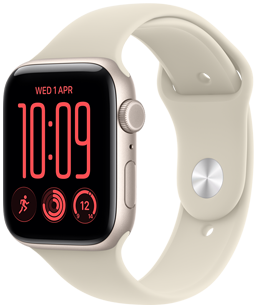 Apple Watch SE 3, aluminijsko kućište, boja zvjezdane svjetlosti, desna bočna strana, kotačić Digital Crown, mikrofon, bočna tipka, povezan sa sportskim remenom u boji pijeska (svijetlosmeđa), pin-and-tuck kopča (srebrni klin)
