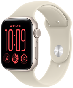 Apple Watch SE 3, aluminijsko kućište, zvjezdano bijela boja, modularni kompaktni brojčanik, dodaci: dan i datum, trening trčanje, kolutovi aktivnosti, vrijeme, desna bočna strana, Digital Crown, bočna tipka, sportski remen boje pijeska