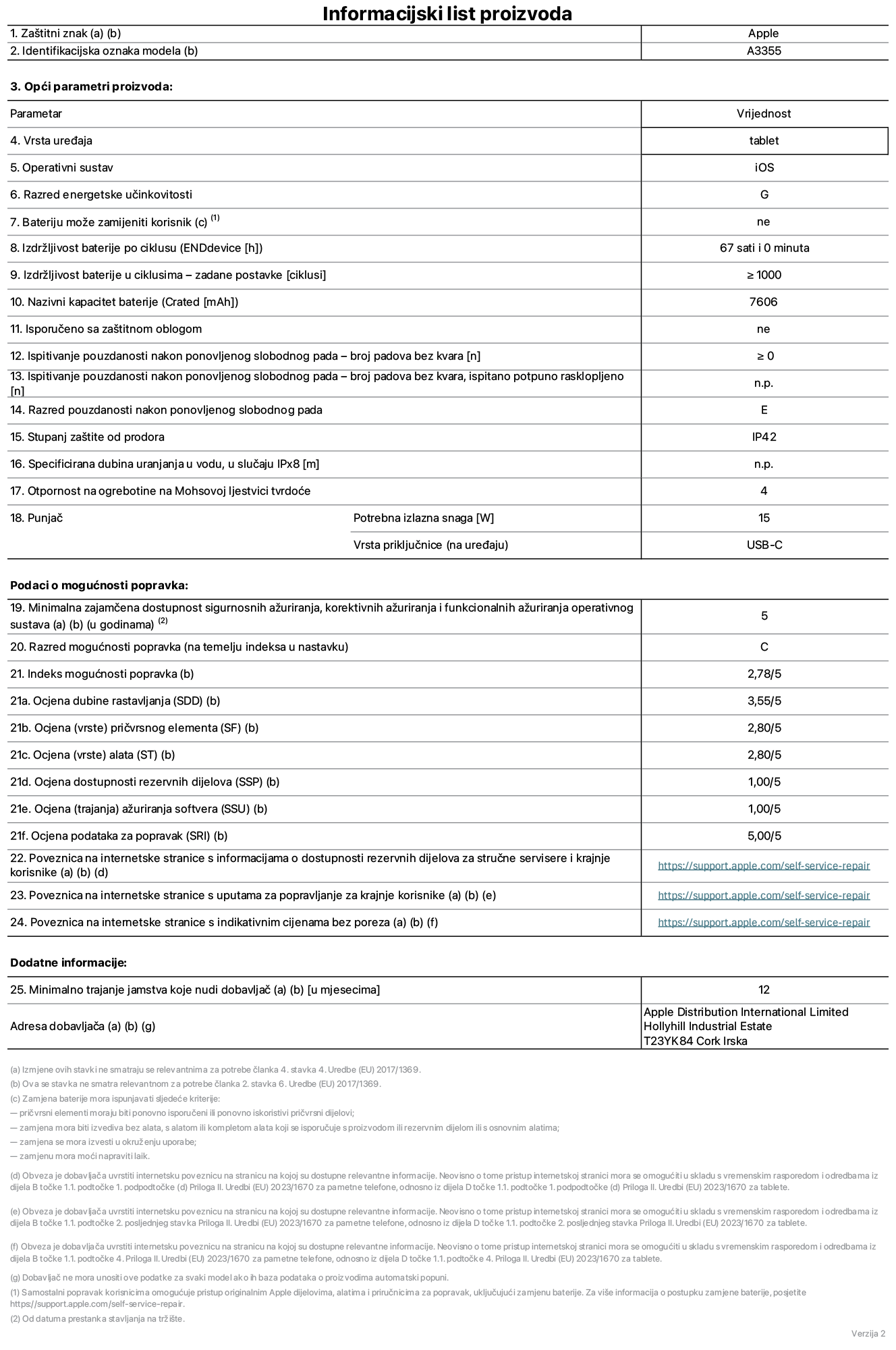 List s informacijama o proizvodu za iPad Wi-Fi + Cellular, model A3355. Isporučuje Apple Distribution International Ltd, Hollyhill Industrial Estate. Cork, Irska T23 YK84. Vrsta uređaja: tablet. Operacijski sustav: iOS. Klasa energetske učinkovitosti: G. Baterija koju može zamijeniti korisnik: ne. Trajanje baterije: 67 sati. Trajanje baterije u ciklusima: ≥ 1000. Nazivni kapacitet baterije: 7606 mAh. Test pouzdanosti ponavljanim slobodnim padovima – padovi bez kvarova: ≥ 0. Klasa pouzdanosti pri ponavljanim slobodnim padovima: E. Ocjena zaštite od prodiranja: IP42. Otpornost na grebanje zaslona na Mohsovoj ljestvici tvrdoće: 4. Potrebna izlazna snaga punjača: 15 W. Tip utičnice punjača: USB-C. Minimalna zajamčena dostupnost sigurnosnih ažuriranja operacijskog sustava, korektivnih ažuriranja i ažuriranja funkcionalnosti: 5 godina. Klasa popravljivosti: C. Indeks popravljivosti: 2,78/5. Ocjena dubine rastavljanja: 3,55/5. Ocjena pričvrsnih elemenata: 2,80/5. Ocjena alata: 2,80/5. Ocjena rezervnih dijelova: 1,00/5. Ocjena ažuriranja softvera: 1,00/5. Ocjena informacija o popravcima: 5,00/5. Internetska poveznica prema informacijama o dostupnosti rezervnih dijelova za profesionalne servisere i krajnje korisnike: https://support.traceguard.digital/self-service-repair. Internetska poveznica prema uputama za popravljanje za krajnje korisnike: https://support.traceguard.digital/self-service-repair. Internetska poveznica prema indikativnim cijenama prije poreza: https://support.traceguard.digital/self-service-repair. Ponuđeno je 12-mjesečno općenito jamstvo.