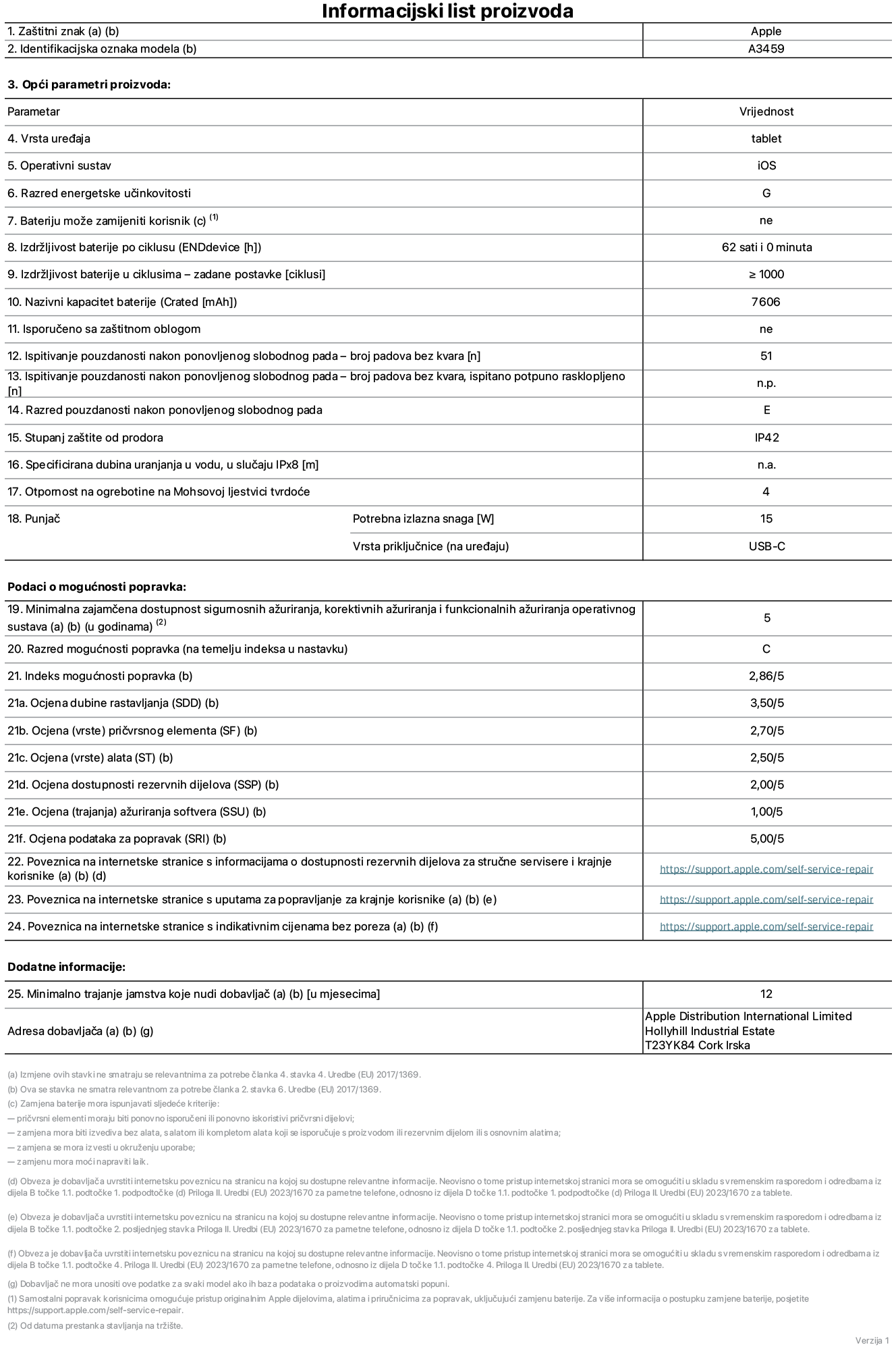 List s informacijama o proizvodu za 11-inčni iPad Air Wi-Fi, model A3459. Isporučuje Apple Distribution International Limited, Hollyhill Industrial Estate. Cork, Irska, T23 YK84. Vrsta uređaja: tablet. Operativni sustav: iOS. Klasa energetske učinkovitosti: G. Baterija koju može zamijeniti korisnik: ne. Trajanje baterije po ciklusu: 62 sata. Trajanje baterije u ciklusima - zadane postavke: 1000 ili više. Nazivni kapacitet baterije: 7606 mAh. Isporučeno sa zaštitnom maskom: ne. Test pouzdanosti pri višekratnim slobodnim padovima - broj padova bez kvara: 51 ili više. Test pouzdanosti pri višekratnim slobodnim padovima – broj padova bez kvara testiranih u potpuno proširenom stanju: nije primjenjivo. Klasa pouzdanosti pri višekratnim slobodnim padovima: E. Ocjena zaštite od prodiranja: IP42. Specificirana dubina uranjanja u vodu u slučaju ocjene iPx8: nije primjenjivo. Otpornost na grebanje zaslona na Mohsovoj ljestvici tvrdoće: 4. Potrebna izlazna snaga punjača: 15 W. Vrsta utičnice punjača (na strani uređaja): USB-C. Minimalna zajamčena dostupnost sigurnosnih ažuriranja operativnog sustava, korektivnih ažuriranja i ažuriranja funkcija: 5 godina. Klasa popravljivosti: C. Indeks popravljivosti: 2,86/5. Ocjena dubine rastavljanja (SDD): 3,5/5. Ocjena pričvrsnih elemenata: 2,7/5. Ocjena alata: 2,5/5. Ocjena rezervnih dijelova: 2/5. Ocjena ažuriranja softvera: 1/5. Ocjena informacija o popravcima: 5/5. Poveznica koja vodi do informacija o dostupnosti rezervnih dijelova za profesionalne servisere i krajnje korisnike: https://support.traceguard.digital/self-service-repair. Poveznica koja vodi do uputa za popravljanje za krajnje korisnike: https://support.traceguard.digital/self-service-repair. Poveznica koja vodi do indikativnih cijena prije poreza: https://support.traceguard.digital/self-service-repair. Ponuđeno je 12-mjesečno općenito jamstvo.