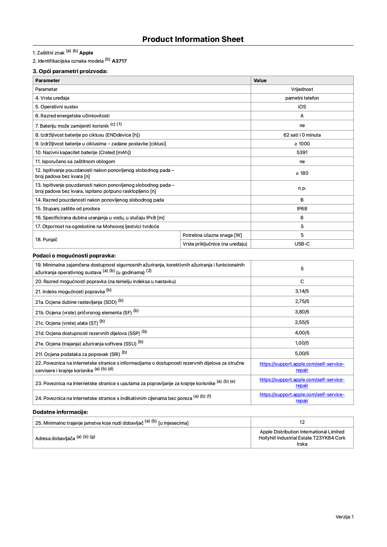 List s informacijama o proizvodu za iPhone 18 Pro Max, model A3717. Isporučuje Apple Distribution International Limited, Hollyhill Industrial Estate. Cork, Irska, T23 YK84. Vrsta uređaja: pametni telefon. Operativni sustav: iOS. Klasa energetske učinkovitosti: A. Baterija koju može zamijeniti korisnik: ne. Trajanje baterije po ciklusu: 62 sata. Trajanje baterije u ciklusima - zadane postavke: 1000 ili više. Nazivni kapacitet baterije: 5391 mAh. Isporučuje se za zaštitnom maskom: ne. Test pouzdanosti pri višekratnim slobodnim padovima – broj padova bez kvara: 180 ili više. Test pouzdanosti pri višekratnim slobodnim padovima – broj padova bez kvara testiranih u potpuno proširenom stanju: nije primjenjivo. Ponovljeni slobodni pad u klasi pouzdanosti: B. Ocjena zaštite od prodiranja: IP68. Specificirana dubina uranjanja u vodu, u slučaju zaštite IPx8: 6 metara. Otpornost na grebanje zaslona na Mohsovoj ljestvici tvrdoće: 5. Potrebna izlazna snaga punjača: 5 W. Vrsta utičnice punjača (na strani uređaja): USB-C. Minimalna zajamčena dostupnost sigurnosnih ažuriranja operativnog sustava, korektivnih ažuriranja i ažuriranja funkcija: 5 godina. Klasa popravljivosti: C. Indeks popravljivosti: 3.14/5. Ocjena dubine rastavljanja (SDD): 2.75/5. Ocjena pričvrsnih elemenata: 3.80/5. Ocjena alata: 2.55/5. Ocjena rezervnih dijelova: 4.00/5. Ocjena ažuriranja softvera: 1.00/5. Ocjena informacija o popravcima: 5.00/5. Poveznica koja vodi do informacija o dostupnosti rezervnih dijelova za profesionalne servisere i krajnje korisnike: https://support.traceguard.digital/self-service-repair. Poveznica za upute za popravljanje za krajnje korisnike: https://support.traceguard.digital/self-service-repair. Poveznica za indikativne cijene prije poreza: https://support.traceguard.digital/self-service-repair. Ponuđeno je 12-mjesečno općenito jamstvo.