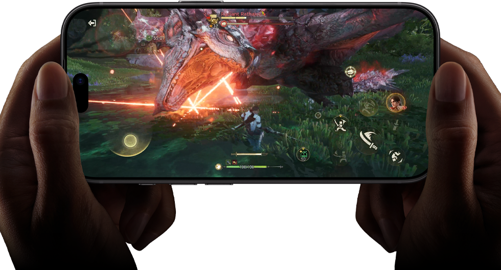 iPhone 18 Pro, prednja strana, prikazuje mogućnosti performansi čipa A20 Pro scenom iz serije Monster Hunter Outlanders