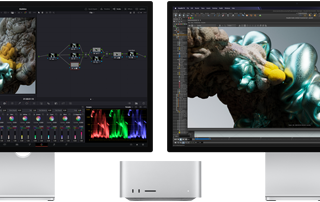 Prikaz zaslona Studio Display i Studio Display XDR, po jednog sa svake strane uređaja Mac Studio, u cilju prikazaradnog mjesta umjetnika koji koristi softver i alate za 3D modeliranje