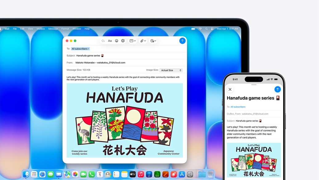 Prikaz MacBooka Neo u indigo boji, smještenog pokraj iPhonea, a na oba zaslona prikazan je isti e-mail s najavom događanja u društvenom centru