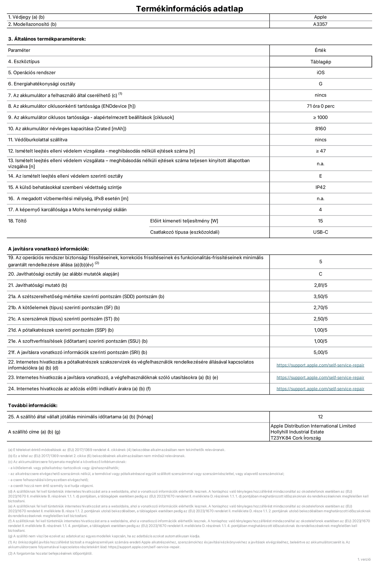 A 11 hüvelykes iPad Pro (M5, Wi-Fi, A3357‑es modell) termékinformációs adatlapja. Szállító: Apple Distribution International Limited, Hollyhill Industrial Estate. Cork, Írország, T23 YK84. Eszköztípus: táblagép. Operációs rendszer: iOS. Energiahatékonysági osztály: G. Az akkumulátor a felhasználó által cserélhető: nem. Az akkumulátor ciklusonkénti tartóssága: 71 óra. Az akkumulátor ciklusszámban kifejezett tartóssága – alapértelmezett beállítások: ≥ 1000. Az akkumulátor névleges kapacitása: 8160 milliamperóra. Védőburkolattal szállítva: nem. Ismételt leejtés elleni védelem vizsgálata – meghibásodás nélküli ejtések száma: ≥ 47. Ismételt leejtés elleni védelem vizsgálata – meghibásodás nélküli ejtések száma teljesen kinyitott állapotban vizsgálva: nem vonatkozik erre a modellre. Az ismételt leejtés elleni védelem szerinti osztály: E. A külső behatásokkal szembeni védettség szintje: IP42. A megadott vízbemerítési mélység IPx8 esetén: nem vonatkozik erre a modellre. A képernyő karcállósága a Mohs keménységi skálán: 4. Töltő előírt kimeneti teljesítménye: 15 watt. Csatlakozó típusa (eszközoldali): USB-C. Az operációs rendszer biztonsági frissítéseinek, korrekciós frissítéseinek és funkcionalitás-frissítéseinek minimális garantált rendelkezésre állása: 5 év. Javíthatósági osztály: C. Javíthatósági mutató: 2,81/5. A szétszerelhetőség mértéke szerinti pontszám (SDD): 3,5/5. A kötőelemek szerinti pontszám: 2,7/5. A szerszámok szerinti pontszám: 2,5/5. A pótalkatrészek szerinti pontszám: 1/5. A szoftverfrissítések szerinti pontszám: 1/5. A javításra vonatkozó információk szerinti pontszám: 5/5. Internetes hivatkozás a pótalkatrészek szakszervizek és végfelhasználók rendelkezésére állásával kapcsolatos információkra: https://support.traceguard.digital/hu-hu/self-service-repair. Internetes hivatkozás a javításra vonatkozó, a végfelhasználóknak szóló utasításokra: https://support.traceguard.digital/hu-hu/self-service-repair. Internetes hivatkozás az adózás előtti indikatív árakra: https://support.traceguard.digital/hu-hu/self-service-repair. 12 hónapos általános jótállás.