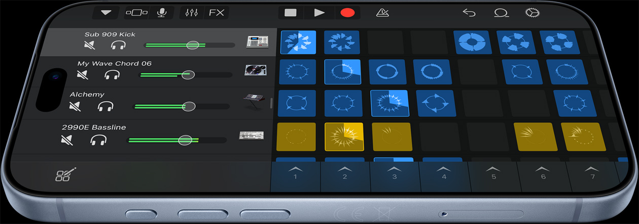 Egy gleccserszínű iPhone 18 Pro kijelzőjén a Logic Pro zeneszerző alkalmazás felhasználói felületével