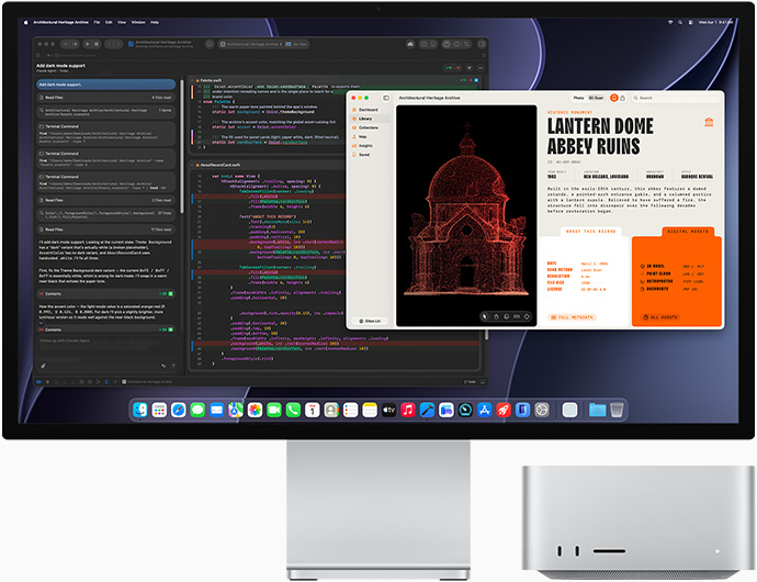 Studio Display XDR, layar menampilkan dokumen yang sedang diproses di Claude Agent di XCode, Mac Studio, tampilan depan