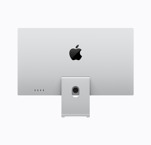 Apple Studio Display with tilt-adjustable stand, silver colour, back exterior, glossy black Apple logo centered