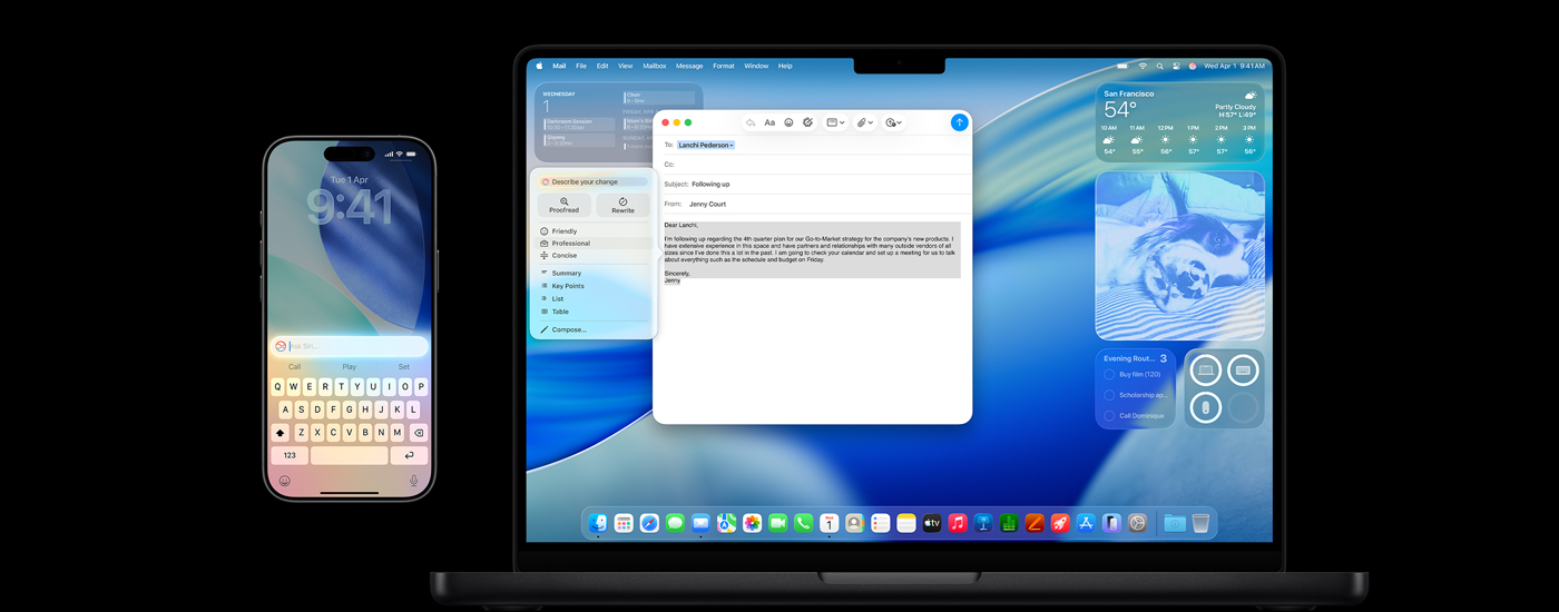 An iPhone and a Mac show Apple Intelligence, along with the macOS Tahoe screensaver.