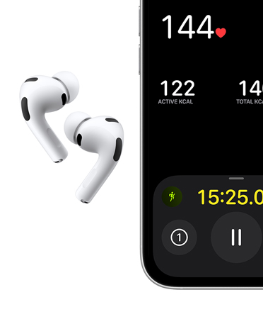 AirPods Pro 3, white colour, earbuds, silicone tips, microphone, iPhone, Outdoor Run workout onscreen