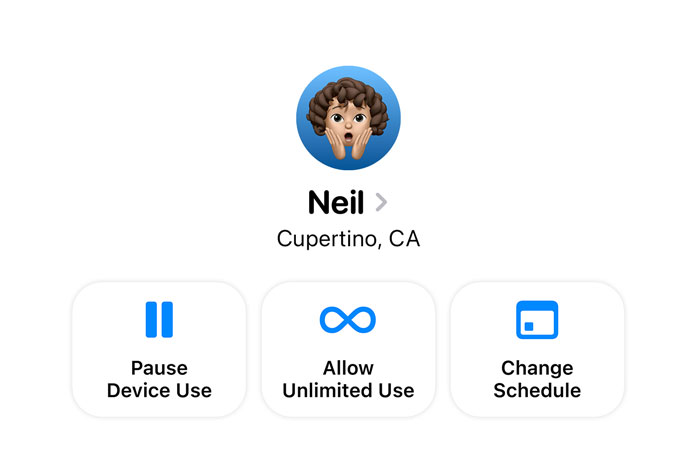 Settings app options for a parent to Pause Device Use, Allow Unlimited Use or Change Schedule for their child