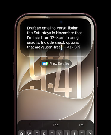 iPhone 18 Pro, Burgundy, screen displaying an Ask Siri prompt reading, draft an email to Elton listing the Saturdays in November that I'm free from 12 to 3pm to bring snacks. Include snack options that are gluten-free