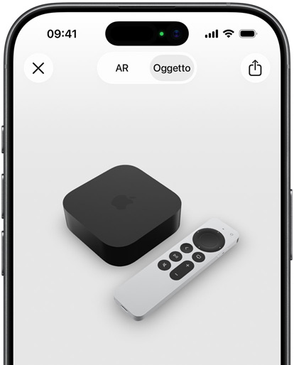 Una Apple TV 4K mostrata in realtà aumentata sul display di iPhone.
