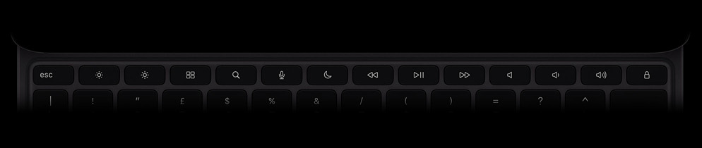 Una Magic Keyboard nera vista dall’alto in orizzontale, con 14 tasti funzione
